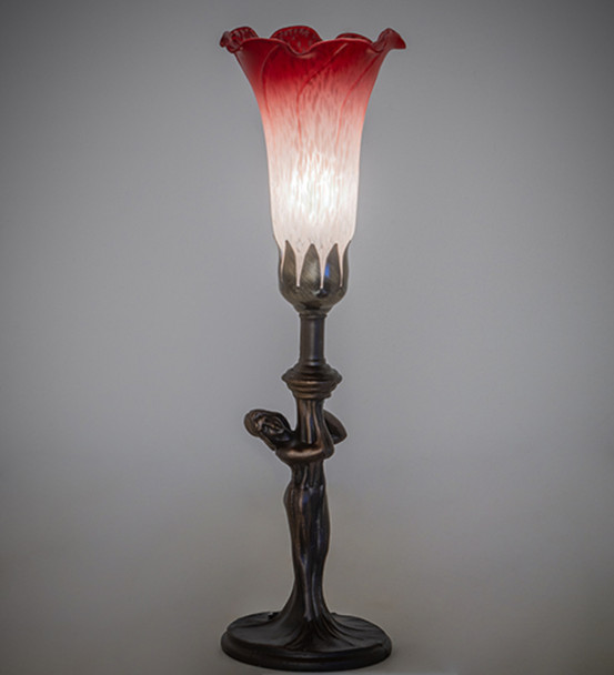 Meyda 15" High Red/white Tiffany Pond Lily Nouveau Lady Accent Lamp