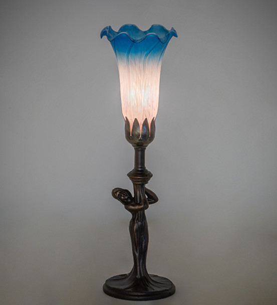 Meyda 15" High Pink/blue Tiffany Pond Lily Nouveau Lady Accent Lamp