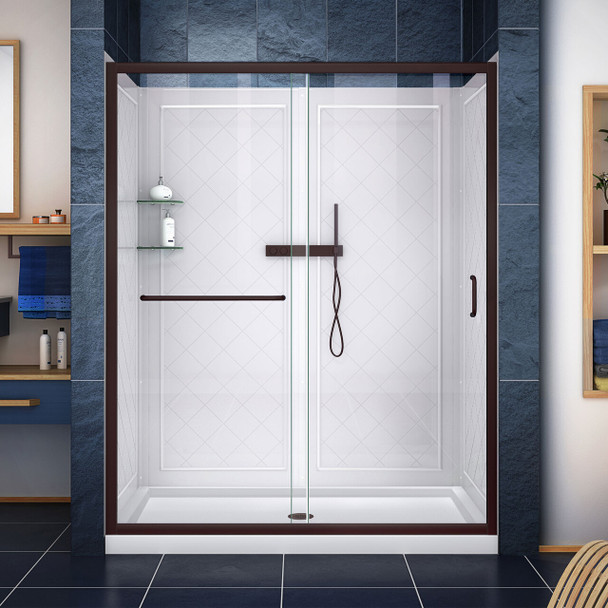 Dreamline Infinity-z 30 In. D X 60 In. W X 76 3/4 In. H Semi-frameless Sliding Shower Door, Shower Base And Qwall-5 Backwall Kit, Clear Glass - DL-6116-CL-DUP