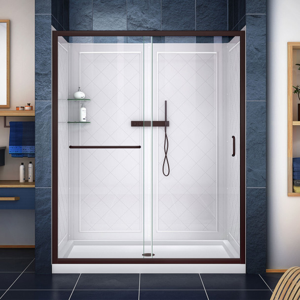 Dreamline Infinity-z 34 In. D X 60 In. W X 76 3/4 In. H Semi-frameless Sliding Shower Door, Shower Base And Qwall-5 Backwall Kit, Clear Glass - DL-6118-CL-DUP