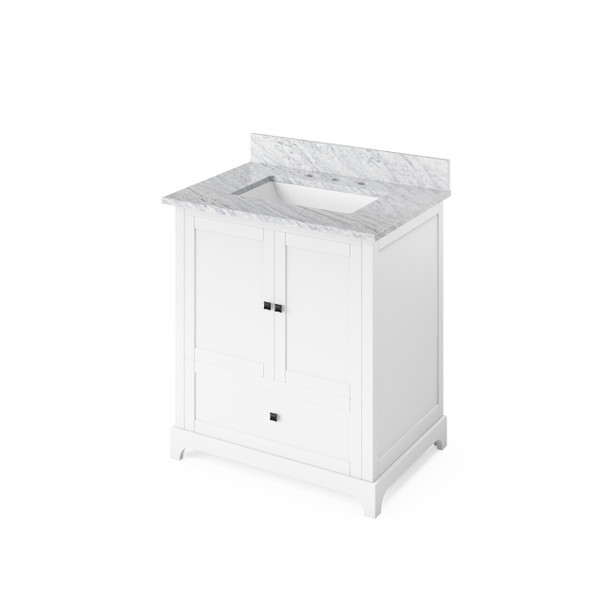 30" White Addington Vanity, White Carrara Marble Vanity Top, Undermount Rectangle Bowl