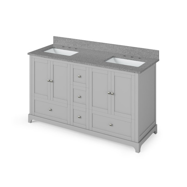 60" Grey Addington Vanity, Double Bowl, Steel Grey Cultured Marble Vanity Top, Two Undermount Rectangle Bowls