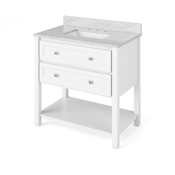 36" White Adler Vanity, White Carrara Marble Vanity Top, Undermount Rectangle Bowl