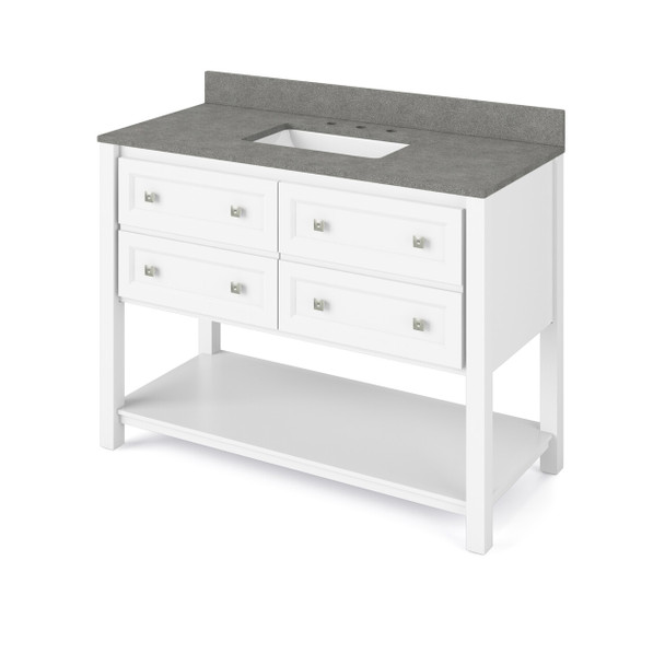 48" White Adler Vanity, Steel Grey Cultured Marble Vanity Top, Undermount Rectangle Bowl