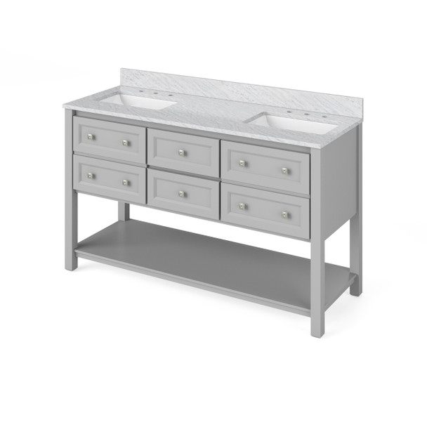 60" Grey Adler Vanity, Double Bowl, White Carrara Marble Vanity Top, Two Undermount Rectangle Bowls