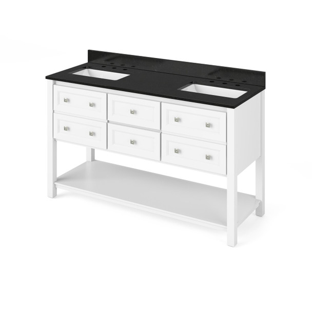 60" White Adler Vanity, Double Bowl, Black Granite Vanity Top, Two Undermount Rectangle Bowls