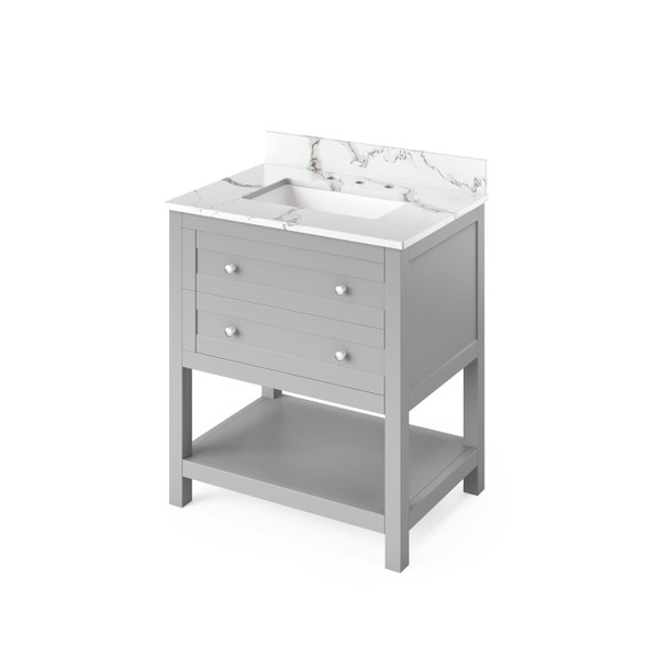 30" Grey Astoria Vanity, Calacatta Vienna Quartz Vanity Top, Undermount Rectangle Bowl