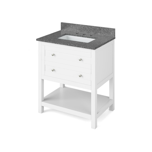 30" White Astoria Vanity, Boulder Cultured Marble Vanity Top, Undermount Rectangle Bowl