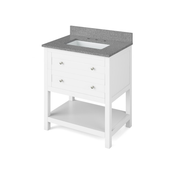 30" White Astoria Vanity, Steel Grey Cultured Marble Vanity Top, Undermount Rectangle Bowl