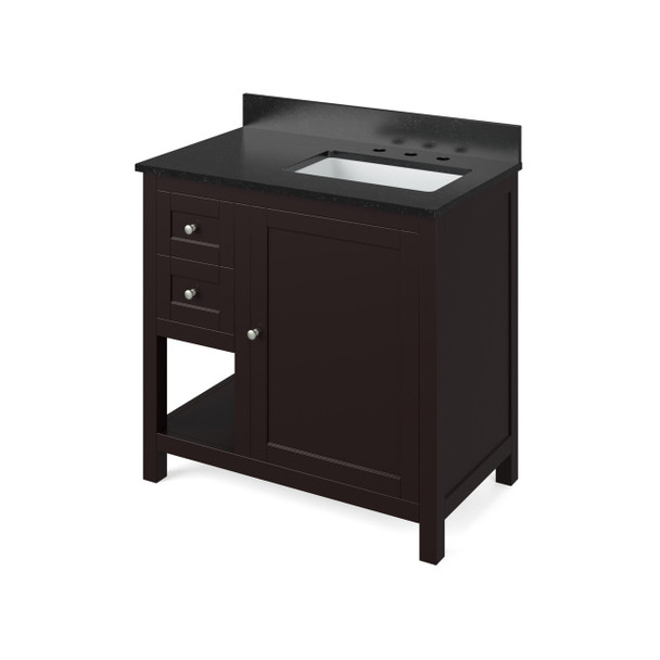 36" Espresso Astoria Vanity, Right Offset, Black Granite Vanity Top, Undermount Rectangle Bowl