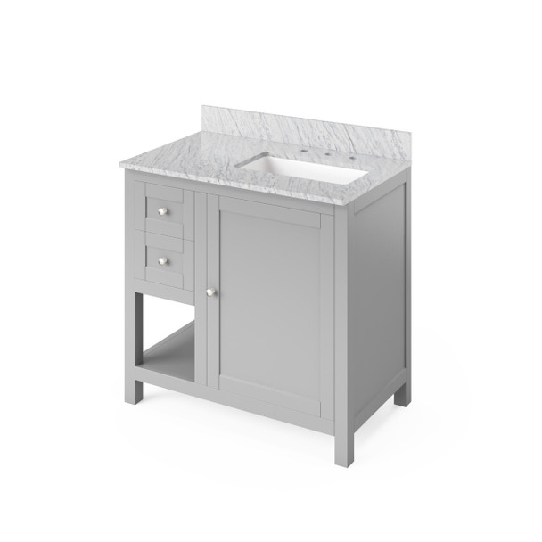 36" Grey Astoria Vanity, Right Offset, White Carrara Marble Vanity Top, Undermount Rectangle Bowl