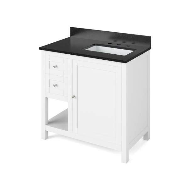 36" White Astoria Vanity, Right Offset, Black Granite Vanity Top, Undermount Rectangle Bowl