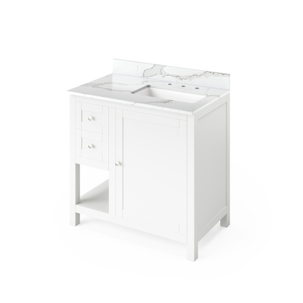 36" White Astoria Vanity, Right Offset, Calacatta Vienna Quartz Vanity Top, Undermount Rectangle Bowl