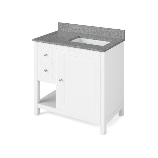 36" White Astoria Vanity, Right Offset, Steel Grey Cultured Marble Vanity Top, Undermount Rectangle Bowl
