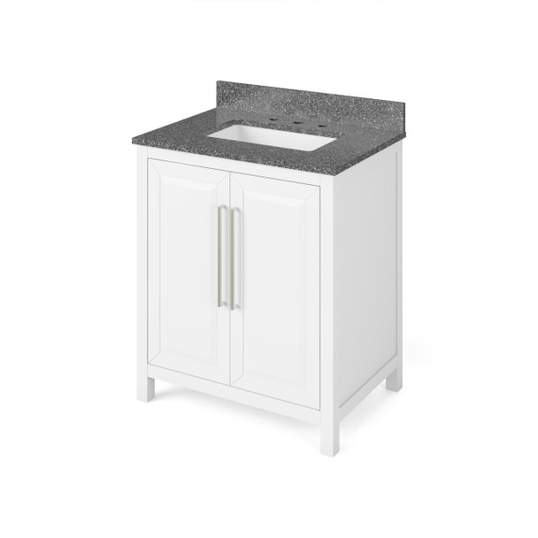 30" White Cade Vanity, Boulder Cultured Marble Vanity Top, Undermount Rectangle Bowl
