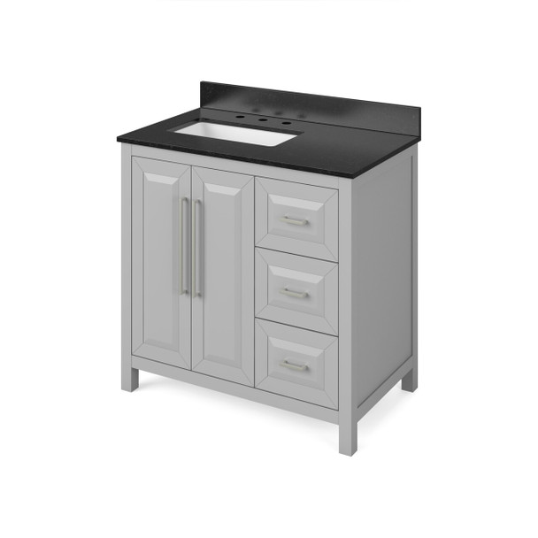 36" Grey Cade Vanity, Left Offset, Black Granite Vanity Top, Undermount Rectangle Bowl