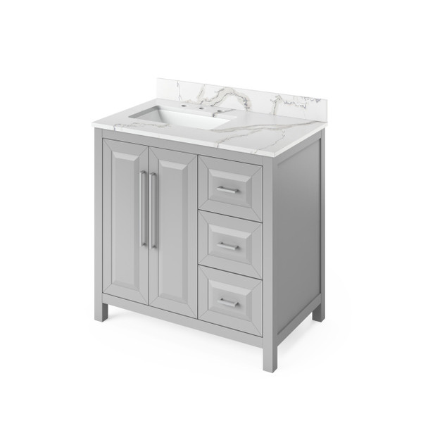 36" Grey Cade Vanity, Left Offset, Calacatta Vienna Quartz Vanity Top, Undermount Rectangle Bowl