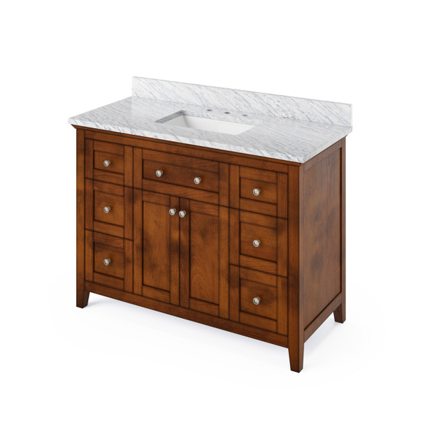 48" Chocolate Chatham Vanity, White Carrara Marble Vanity Top, Undermount Rectangle Bowl