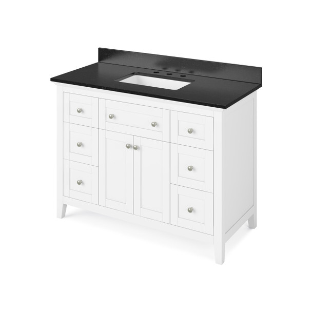 48" White Chatham Vanity, Black Granite Vanity Top, Undermount Rectangle Bowl