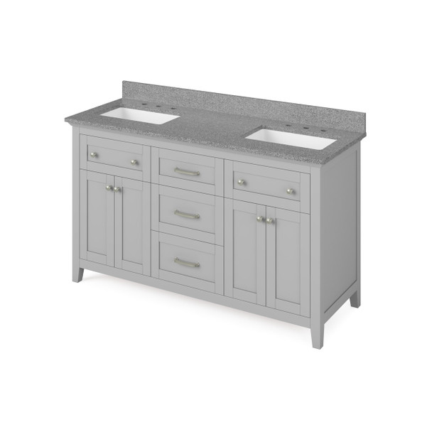 60" Grey Chatham Vanity, Double Bowl, Steel Grey Cultured Marble Vanity Top, Two Undermount Rectangle Bowls
