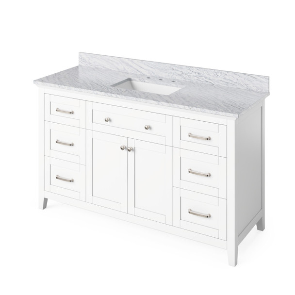 60" White Chatham Vanity, White Carrara Marble Vanity Top, Undermount Rectangle Bowl