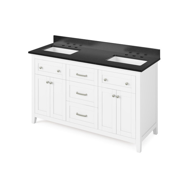 60" White Chatham Vanity, Double Bowl, Black Granite Vanity Top, Two Undermount Rectangle Bowls