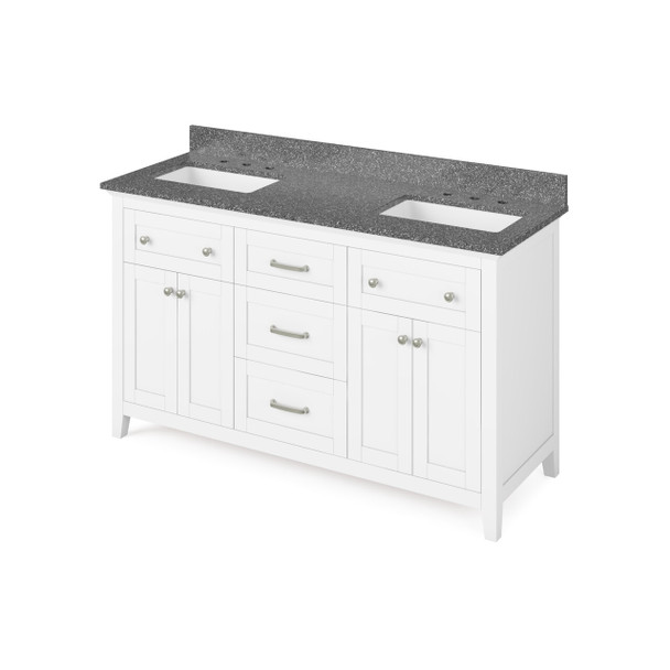 60" White Chatham Vanity, Double Bowl, Boulder Cultured Marble Vanity Top, Two Undermount Rectangle Bowls