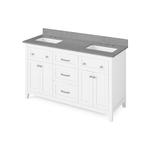 60" White Chatham Vanity, Double Bowl, Steel Grey Cultured Marble Vanity Top, Two Undermount Rectangle Bowls