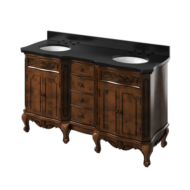 60" Nutmeg Clairemont Vanity, Double Bowl, Clairemont-only Black Granite Vanity Top, Two Undermount Oval Bowls