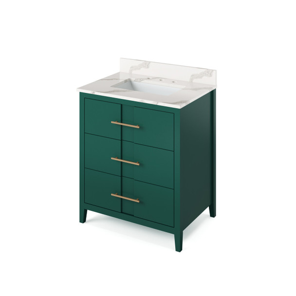 30" Forest Green Katara Vanity, Calacatta Vienna Quartz Vanity Top, Undermount Rectangle Bowl