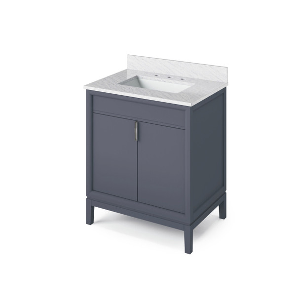 30" Blue Steel Theodora Vanity, White Carrara Marble Vanity Top, Undermount Rectangle Bowl
