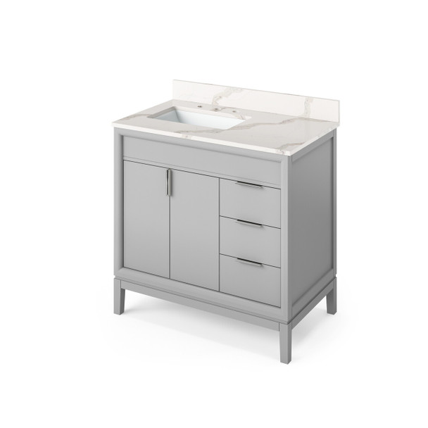 36" Grey Theodora Vanity, Left Offset, Calacatta Vienna Quartz Vanity Top, Undermount Rectangle Bowl