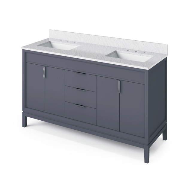60" Blue Steel Theodora Vanity, Double Bowl, White Carrara Marble Vanity Top, Two Undermount Rectangle Bowls