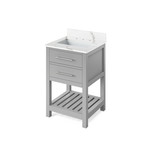 24" Grey Wavecrest Vanity, Calacatta Vienna Quartz Vanity Top, Undermount Rectangle Bowl