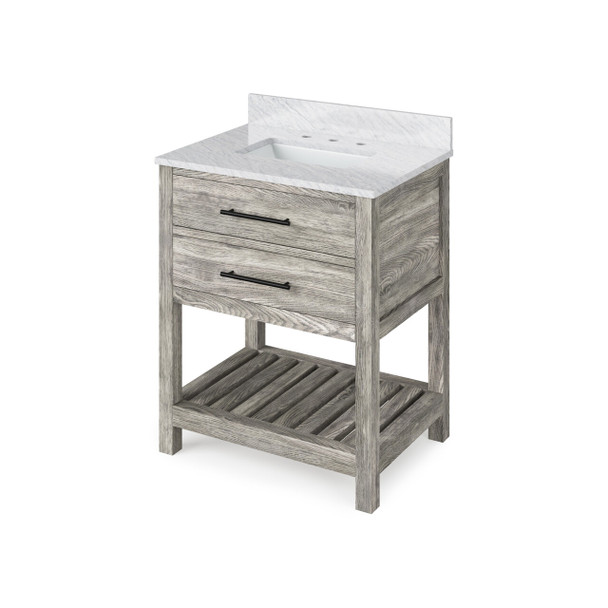 30" Weathered Grey Wavecrest Vanity, White Carrara Marble Vanity Top, Undermount Rectangle Bowl