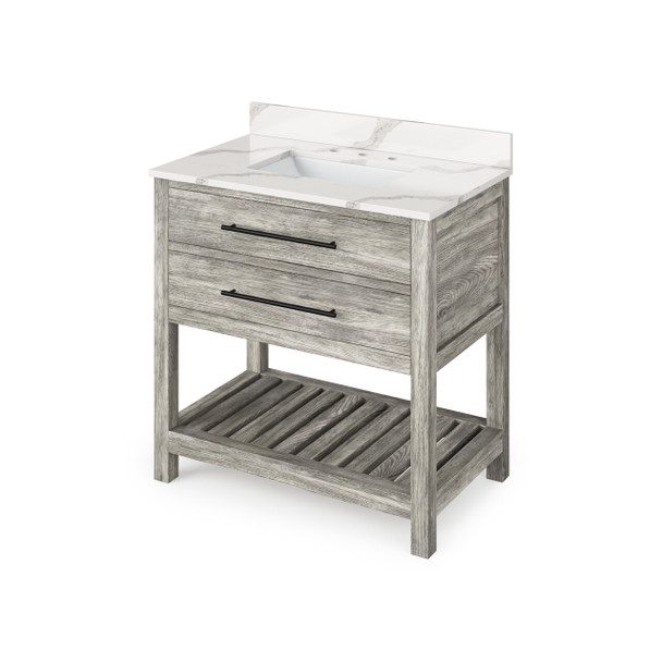 36" Weathered Grey Wavecrest Vanity, Calacatta Vienna Quartz Vanity Top, Undermount Rectangle Bowl