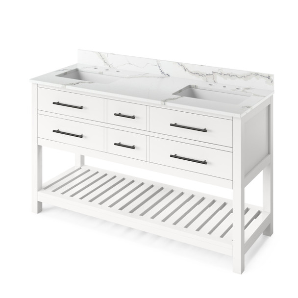 60" White Wavecrest Vanity, Double Bowl, Calacatta Vienna Quartz Vanity Top, Two Undermount Rectangle Bowls