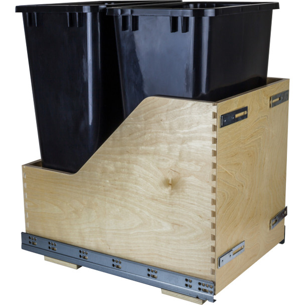 Double 50 Quart Wood Bottom-mount Soft-close Trashcan Rollout For Door Mounting, Includes Two Cans