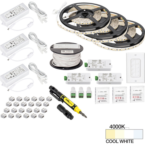 49 Ft., 225 Lumens/ft. 12-volt Standard Output Quattro Wireless Controller Tape Light Kit, 3 Zone 3 Area, Single-white, Cool White 4000k