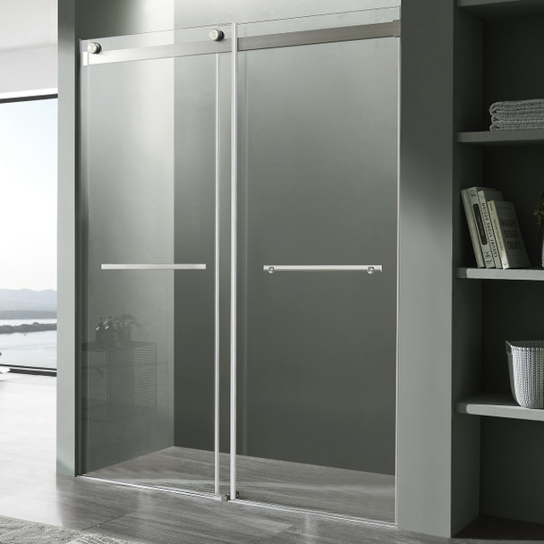 ANZZI Kahn Series 60 In. X 76 In. Frameless Sliding Shower Door With Horizontal Handle In Brushed Nickel - SD-FRLS05802BN