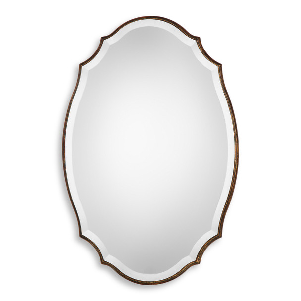 StudioLX Shaped Bevel Mirror Accented With A Rounded Edged Wood Frame, Antiqued Bronze And Gold Finish