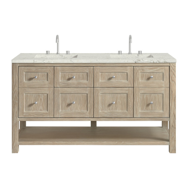 Breckenridge 60" Double Vanity, Whitewashed Oak, w/ 3 CM Victorian Silver Quartz Top w/FreePower Wireless Charger