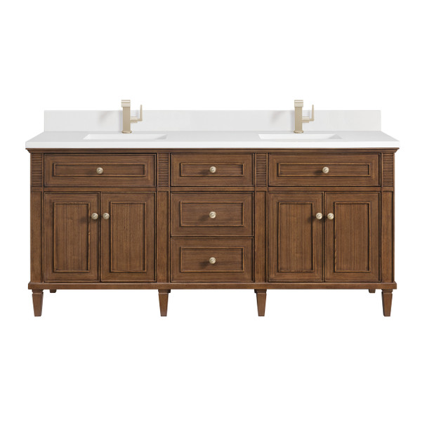 Lorelai 72"Double Vanity, Mid-Century Walnut w/ Single Hole 3 CM White Zeus Silestone Top & Backsplash