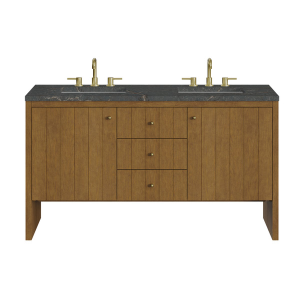 Hudson 60" Double Vanity, Honey Oak w/ 3 CM Parisien Bleu Silestone Top
