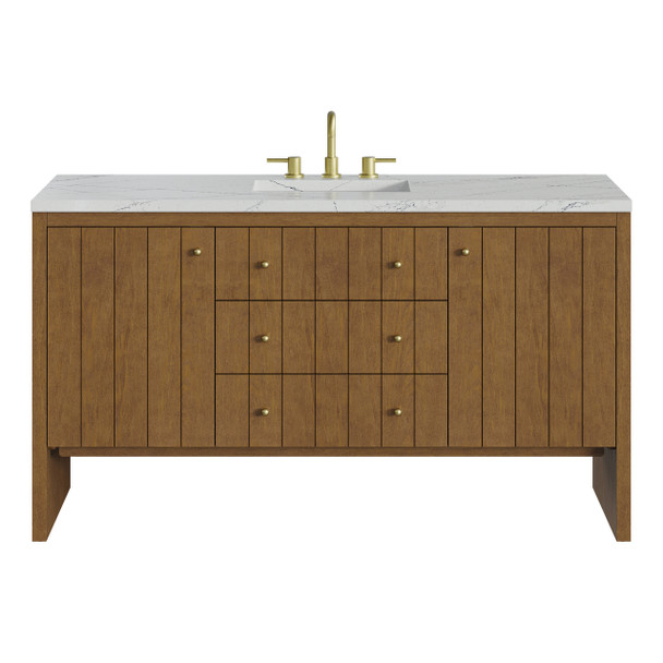 Hudson 60" Single Vanity, Honey Oak w/ 3 CM Ethereal Noctis Silestone Top w/FreePower Wireless Charger