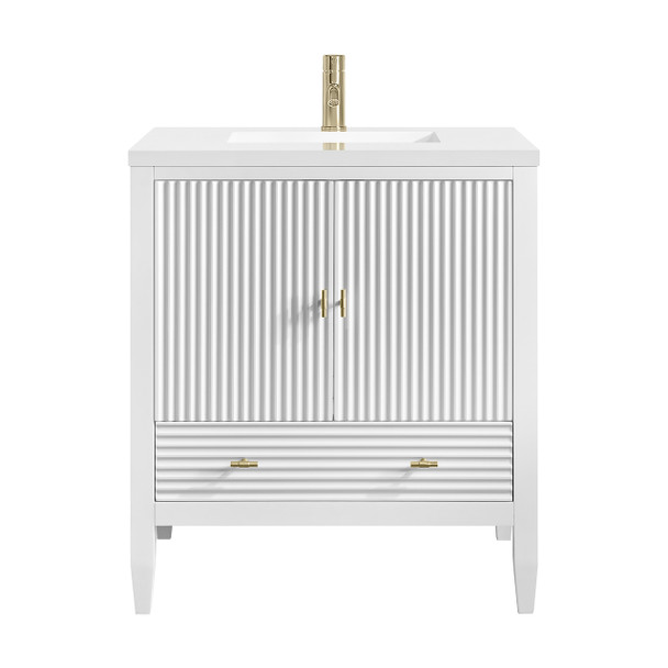 Myrrin 30" Single Vanity, Bright White w/ Single Hole 3 CM White Zeus Silestone Top and Matching Backsplash
