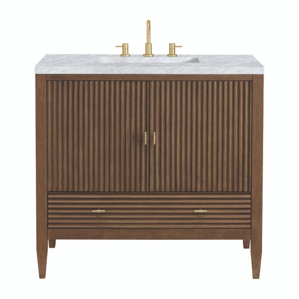 Myrrin 36" Vanity, Mid Century Walnut w/ 3 CM Carrara White Marble Top