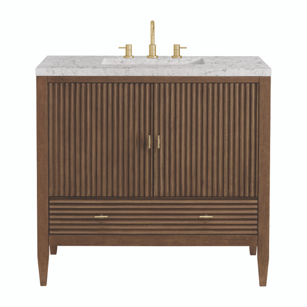 Myrrin 36" Vanity, Mid Century Walnut w/ 3 CM Eternal Jasmine Pearl Silestone Top