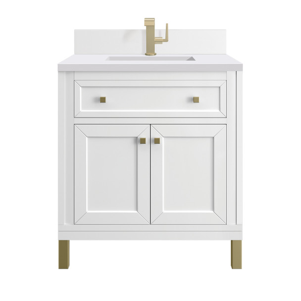 Chicago 30" Single Vanity, Glossy White, w/ Single Hole 3CM White Zeus Silestone® Top & Backsplash