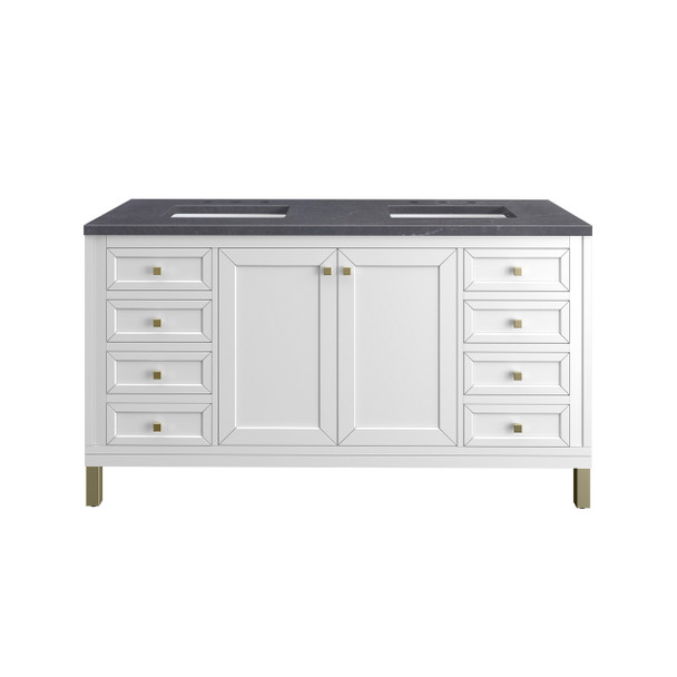 Chicago 60" Double Vanity, Glossy White, w/ 3 CM Charcoal Soapstone Silestone® Top